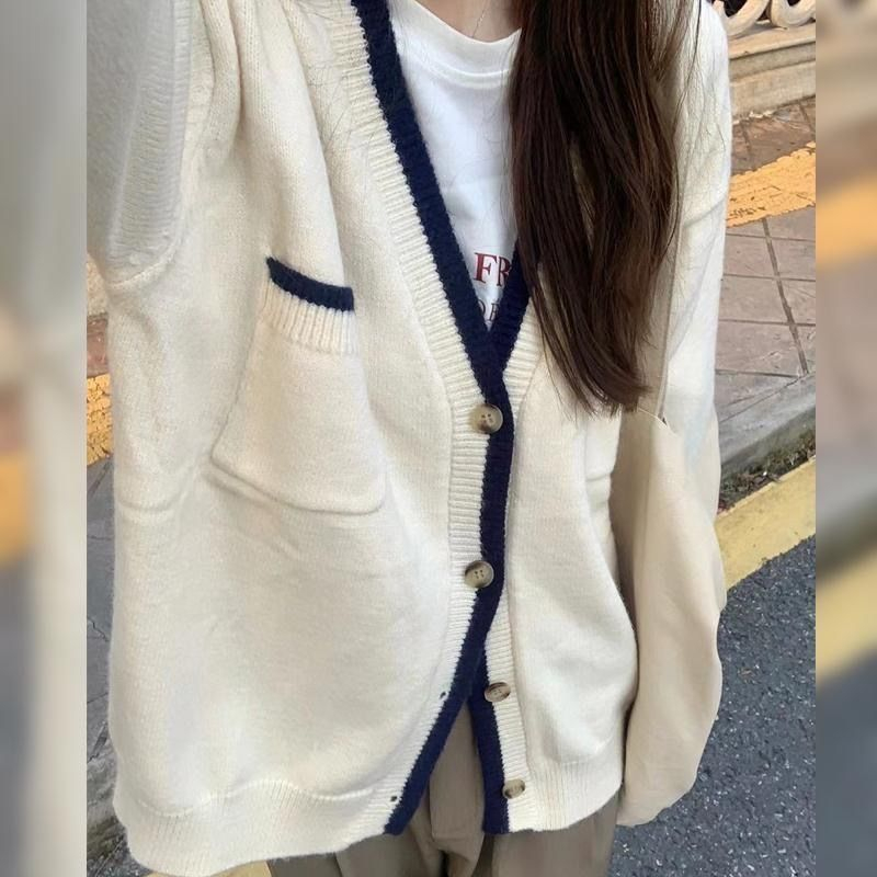 2023春秋新款拼色外搭上衣V領寬鬆百搭顯瘦長袖針織衫毛衣開衫女