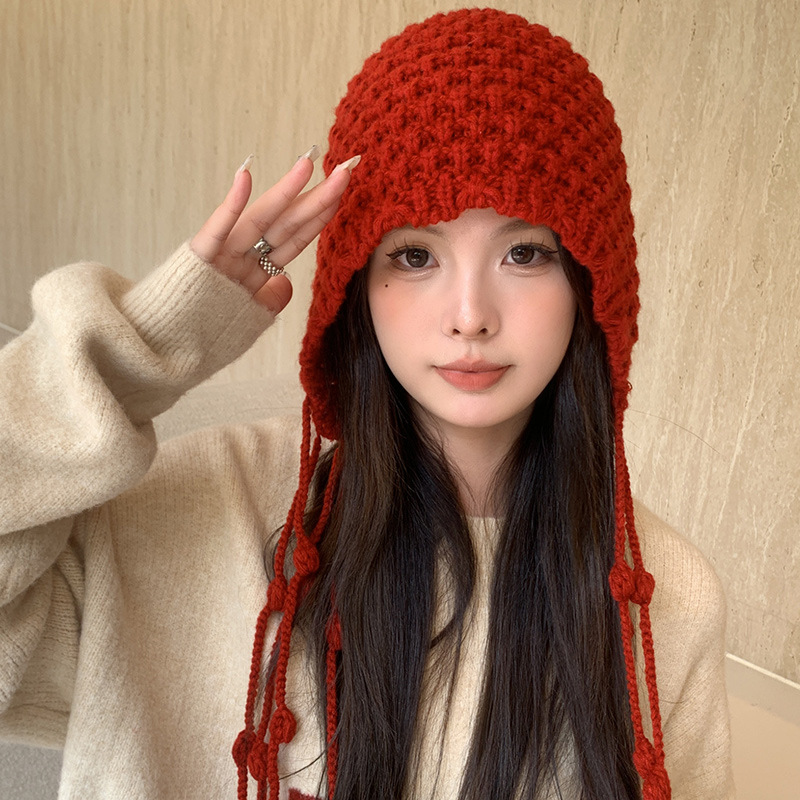 紅色毛線帽手工流蘇綁帶針織護耳帽女秋冬日系甜美可愛保暖包頭帽