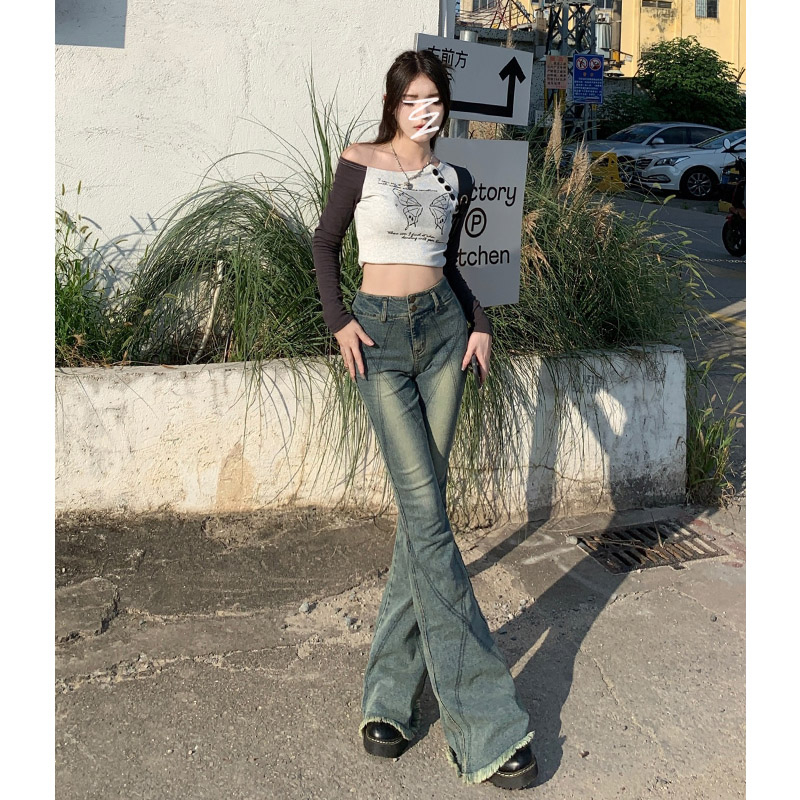 實拍 復古牛仔褲女秋季新款高腰顯瘦喇叭褲