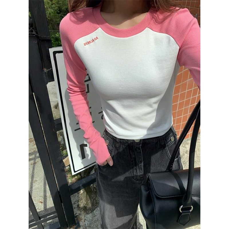 Letter embroidery contrast color short long sleeve T-shirt for women