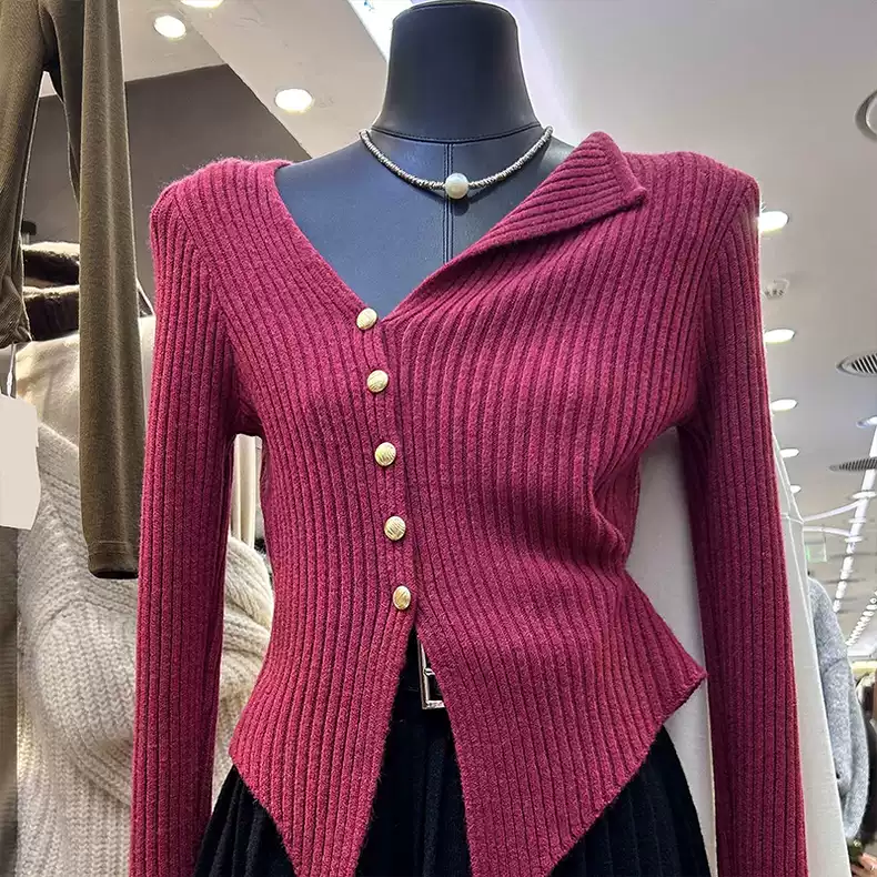 Thirteen Lines Autumn and Winter Design Slant Collar Short Slim Fit Hot Girl Irregular Pit Striped Knitted Cardigan Top Women