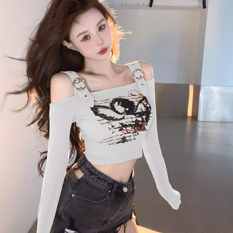 美式印花長袖t恤女秋辣妹短款一字肩露肩上衣設計感小眾