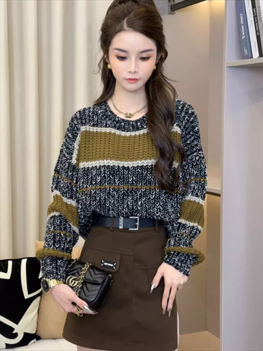 韓版復古軟糯慵懶風撞色條紋毛衣女秋冬寬鬆顯瘦休閒百搭針織衫