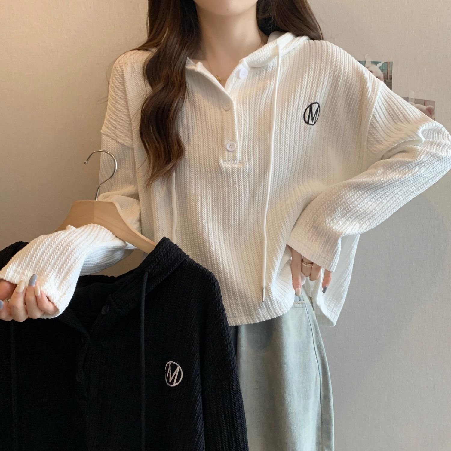 原版面料 歐貨長袖連帽衛衣外套女薄款遮肚子顯瘦藏肉打底上衣