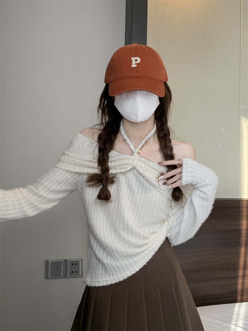 實拍 新款辣妹掛脖一字領露肩毛衣女裝長袖針織衫純欲風上衣