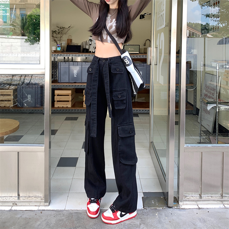 實拍美式工裝牛仔褲女2023年秋季新款寬鬆高腰多口袋顯瘦闊腿褲子
