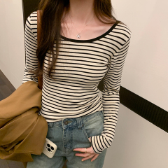 Real shot low neck hooded casual striped top women autumn 2023 new slimming long sleeve inner layer 