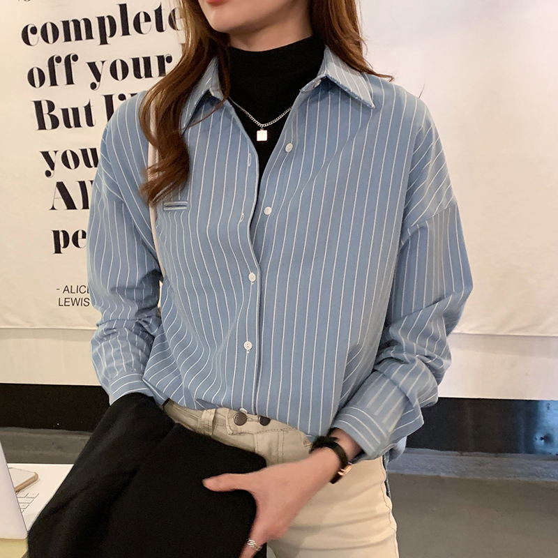 襯衫女設計感小眾2023秋冬新款條紋上衣加厚女士寬鬆雪紡襯衣外套