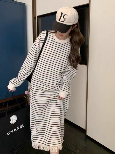  New Autumn Striped Casual Dress for Women Spring and Autumn Long Sleeve Loose T-Shirt Dress with Tassels for Little People