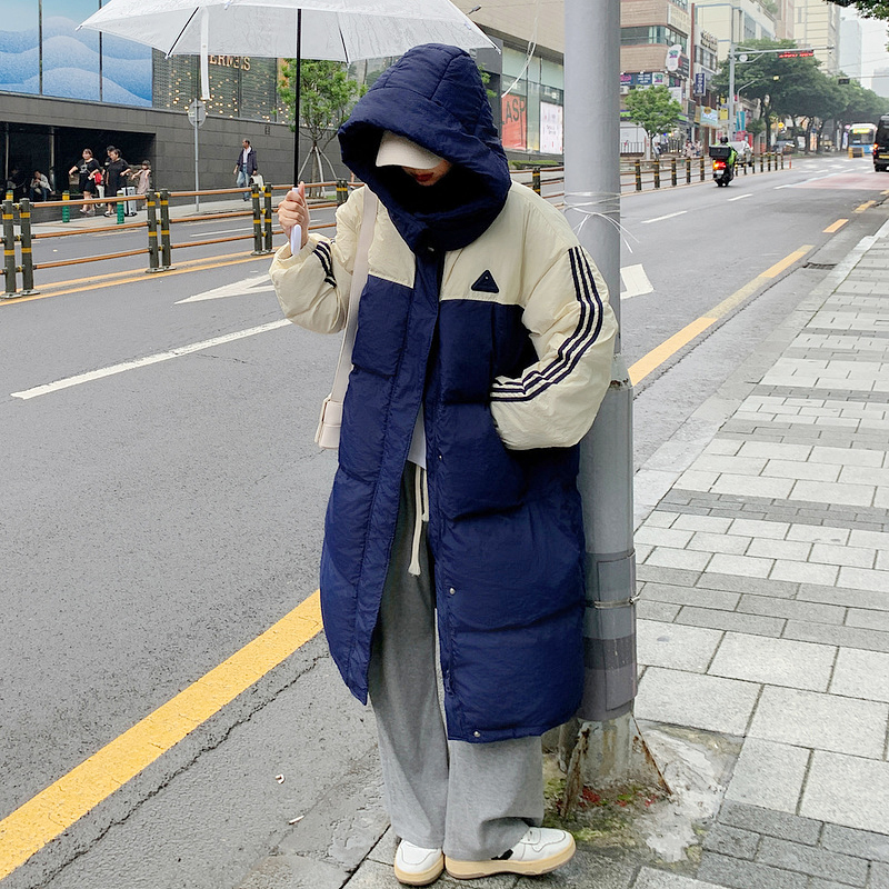 實拍2023新款中長款羽絨棉服拼接男女情侶原宿風大碼連帽棉衣外套