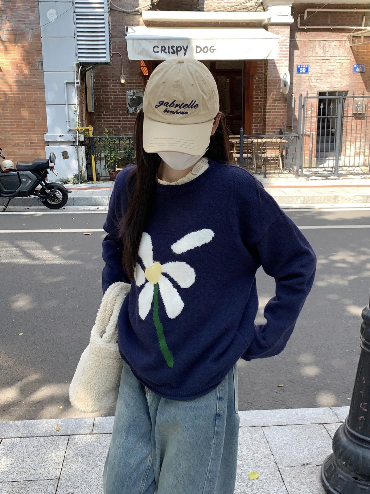 實拍 秋冬韓版撞色花朵減齡設計感北極絨針織寬鬆套頭女毛衣