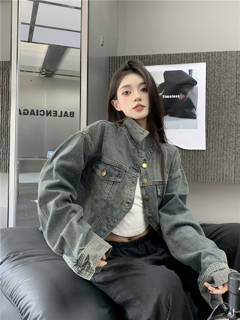實拍~新款復古做舊設計感小眾休閒獨特短款牛仔外套女