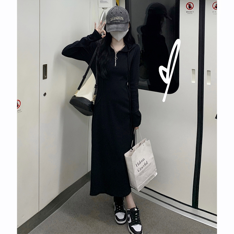 後包邊連帽連衣裙秋季修身高腰打底小眾中長裙女