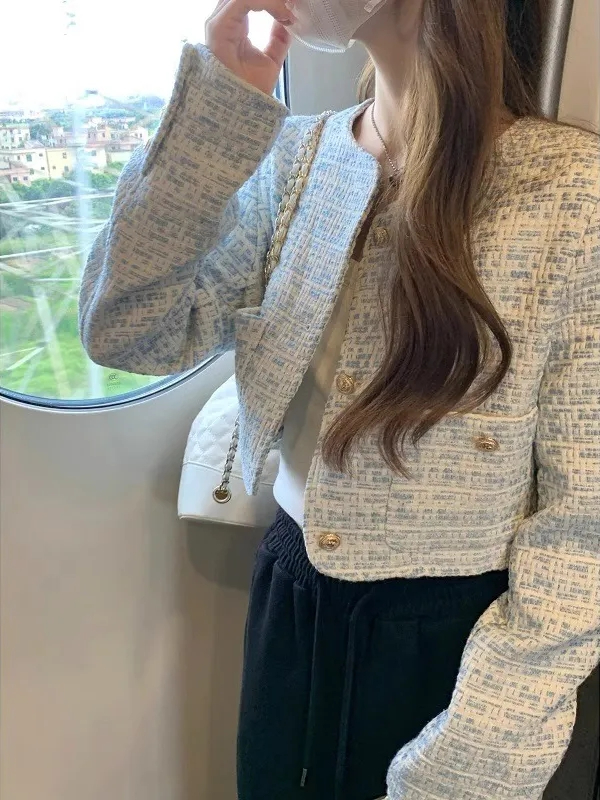 初秋法式小香風外套女高級設計感小個子加棉加厚短款粗花呢上衣潮