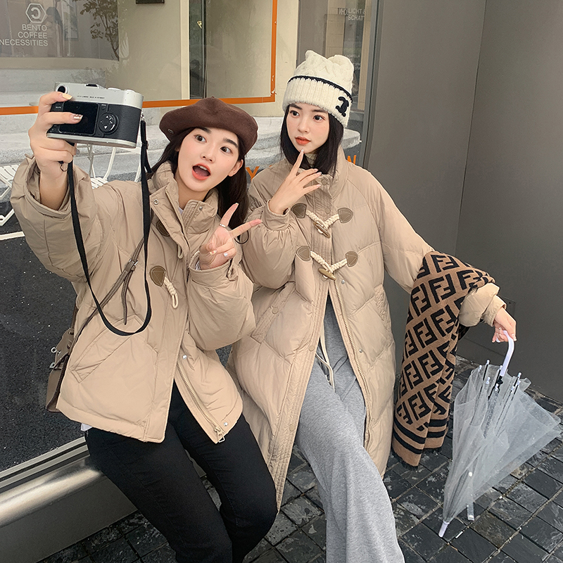 實拍韓版羽絨服女短款中長款2023年閨蜜裝牛角扣棉服羊羔毛外套