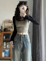 Design-conscious minority color-blocked long-sleeve women's spring and autumn innerwear short-length base shirt high-waisted belly-baring tight-fitting top