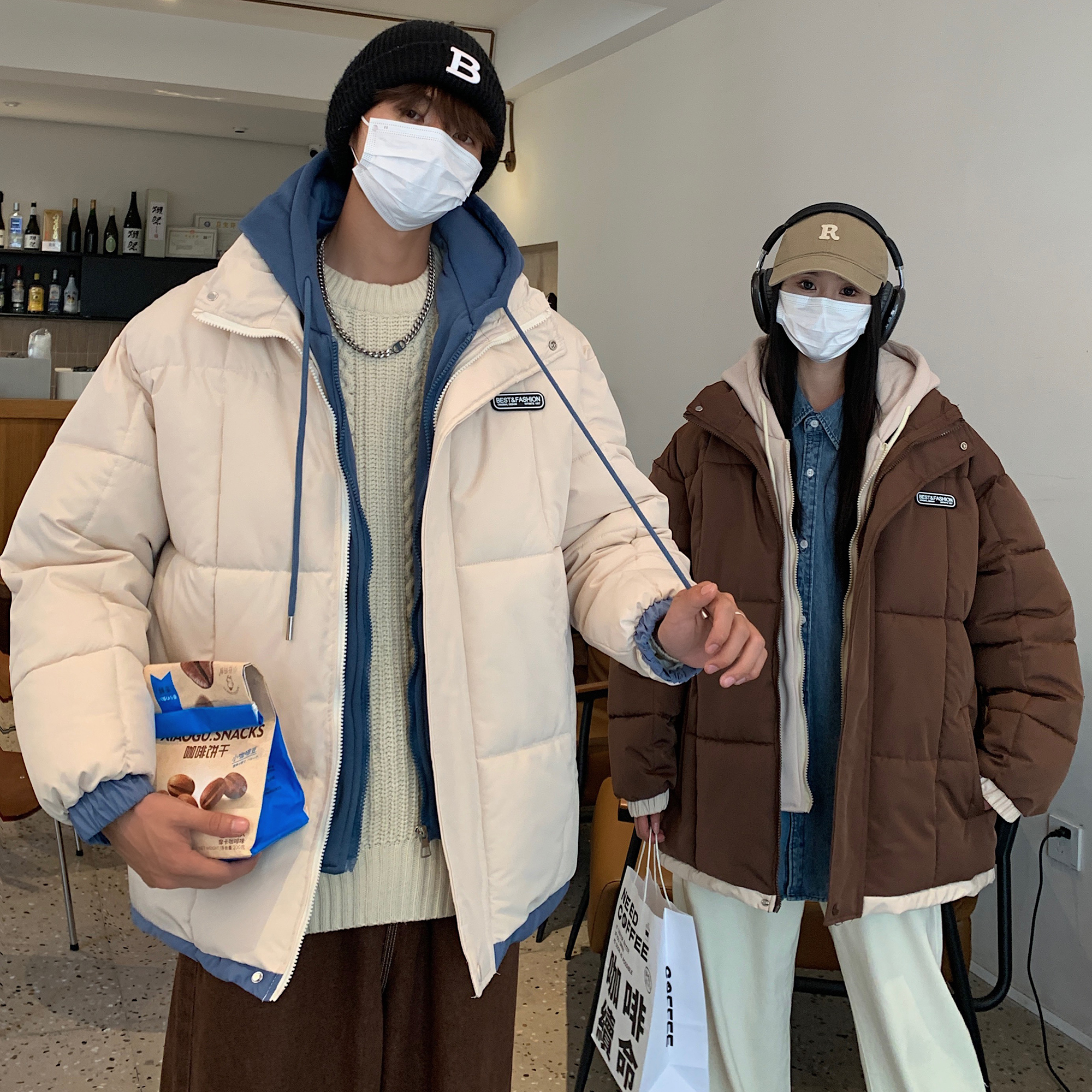 實拍2023冬季羽絨服男女同款情侶加厚棉服網紅韓版假兩件寬鬆棉衣
