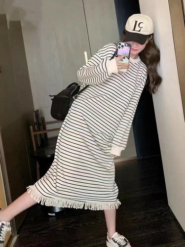  New Autumn Striped Casual Dress for Women Spring and Autumn Long Sleeve Loose T-Shirt Dress with Tassels for Little People