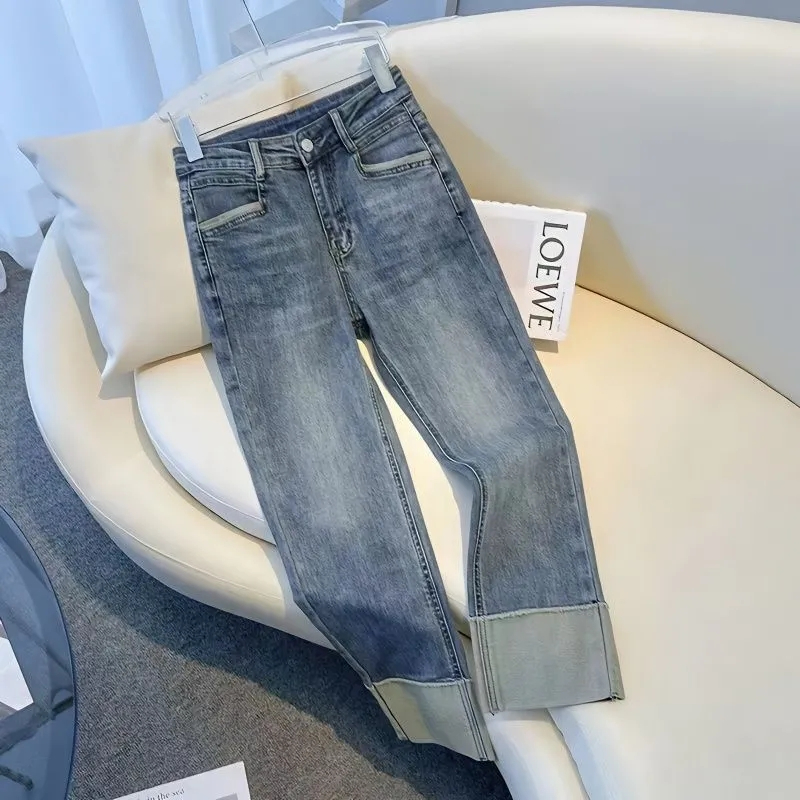 復古藍直筒牛仔褲女秋冬季新款高腰顯瘦九分褲牛仔煙管褲女彈力