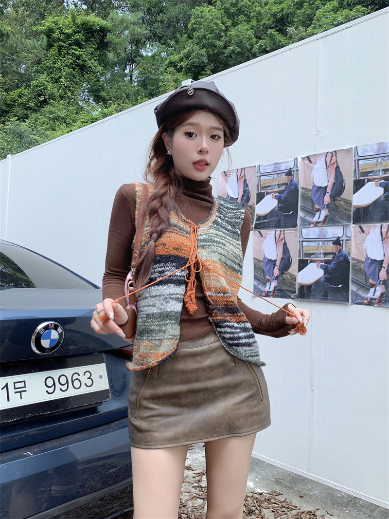 實拍  月族少女民族風流蘇條紋漸變背心馬甲同色系高領內搭