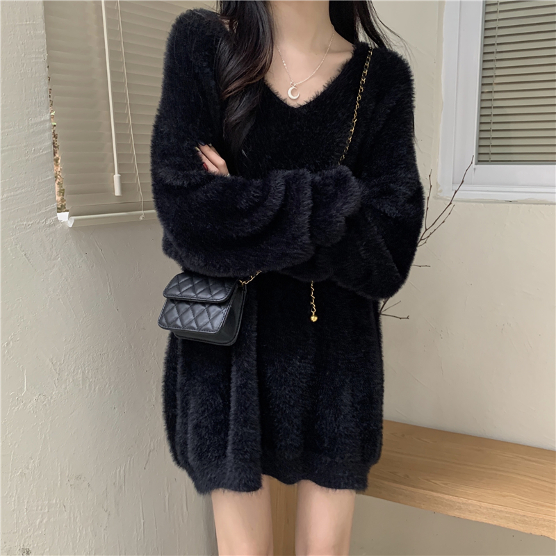 實拍 秋冬新款V領仿貂絨軟糯毛衣女慵懶風顯瘦上衣