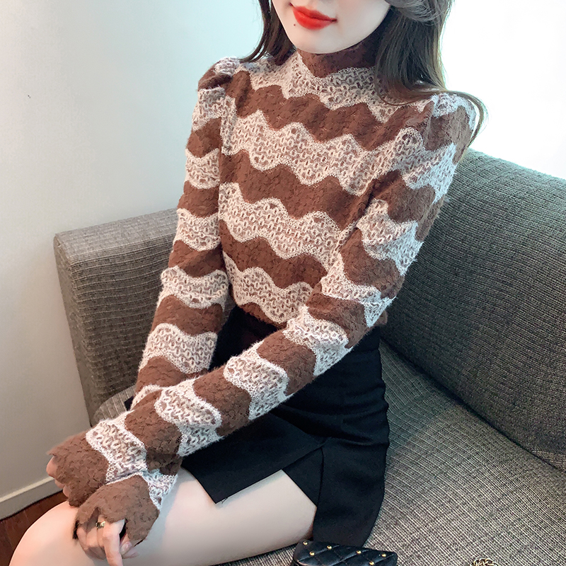 實拍 2023秋季新款磨毛蕾絲高領打底衫上衣女