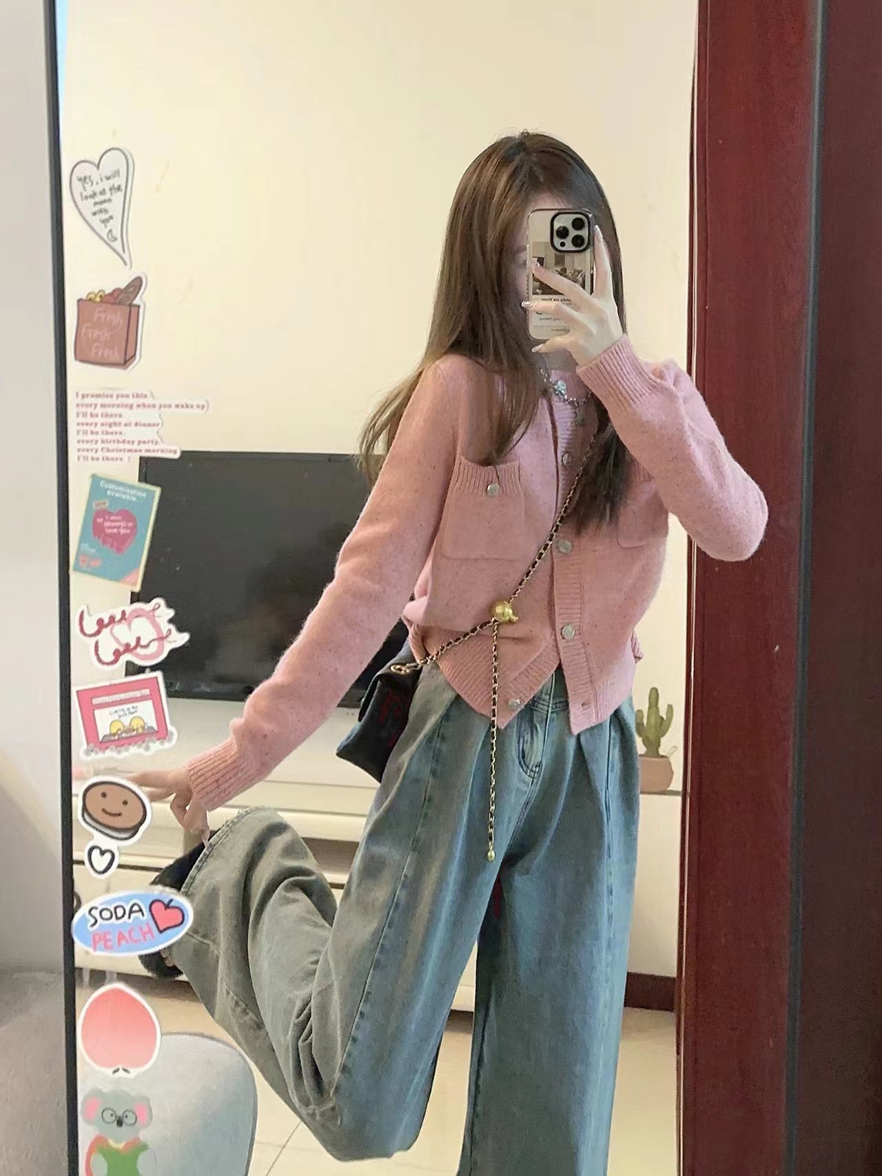 秋冬雜色氣質毛衣開衫女粉色溫柔小香風甜美設計高級感時髦上衣