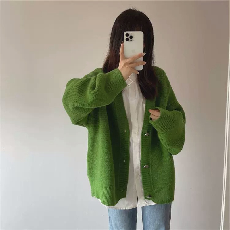 慵懶風V領毛線毛衣開衫秋冬新款寬鬆大碼顯瘦 針織衫上衣女潮