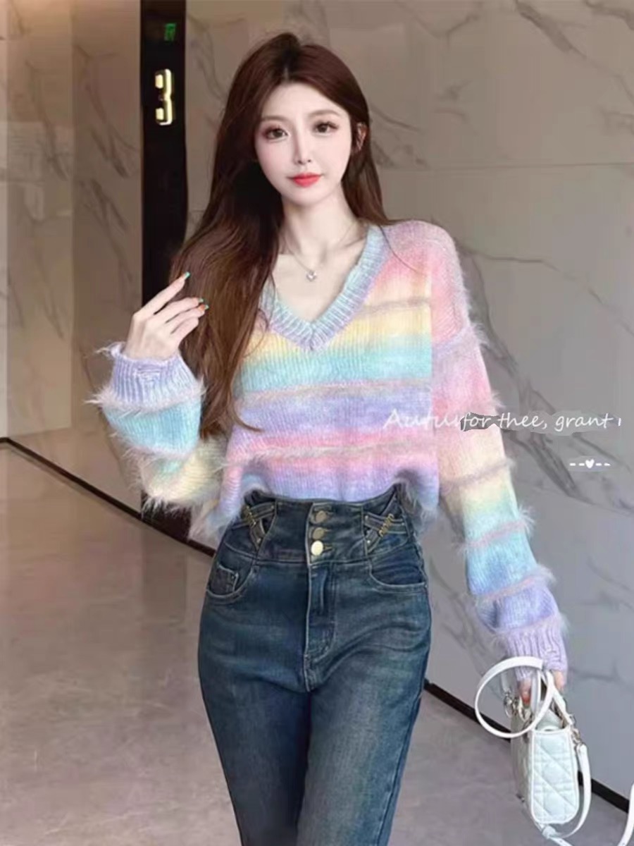 水貂毛漸變色毛衣女秋冬季慵懶風軟糯寬鬆v領羊毛針織衫長袖上衣
