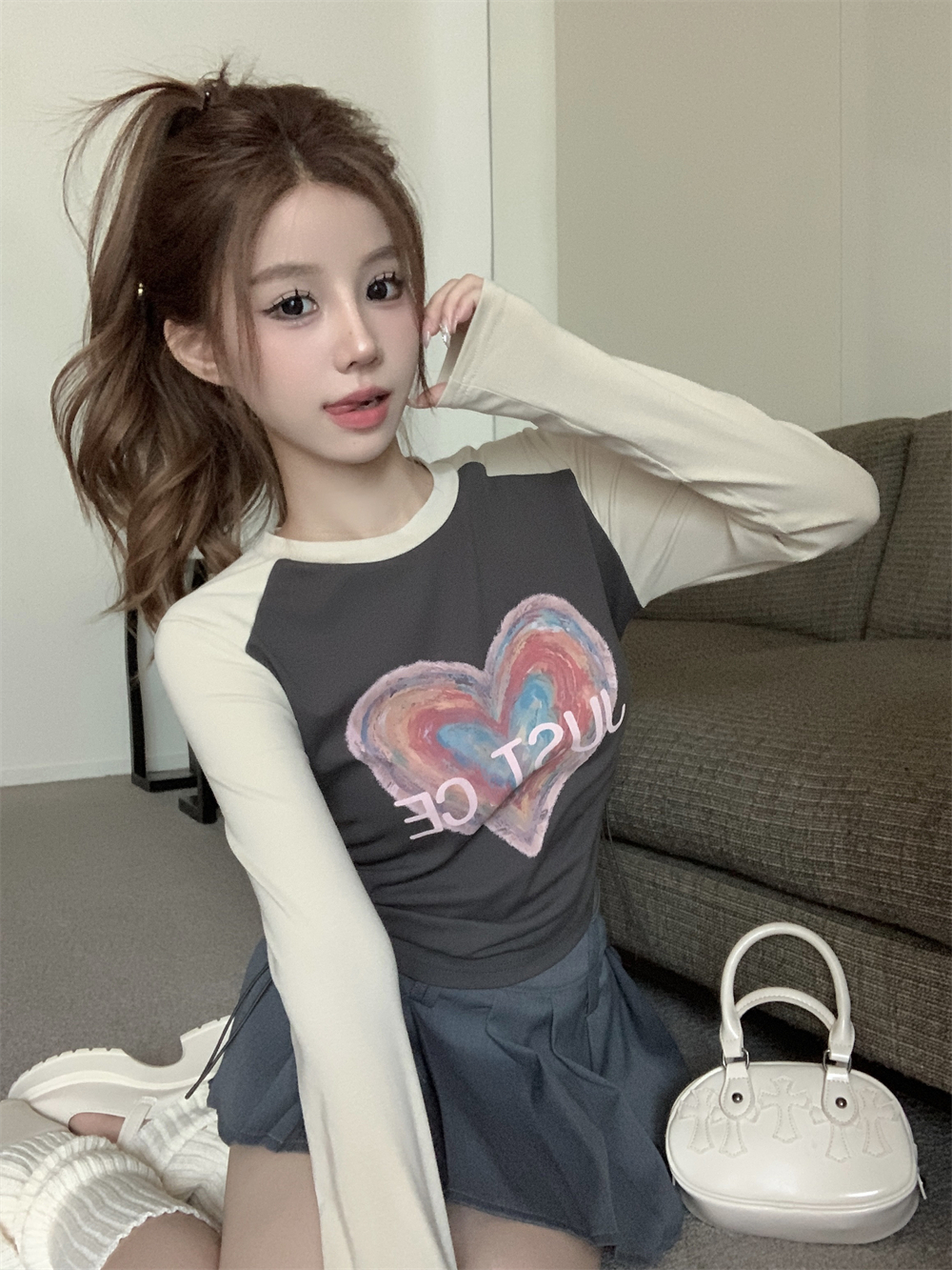 Ribbed Drawstring Contrast Color Long Sleeve T-Shirt Women's Autumn Retro Love Print