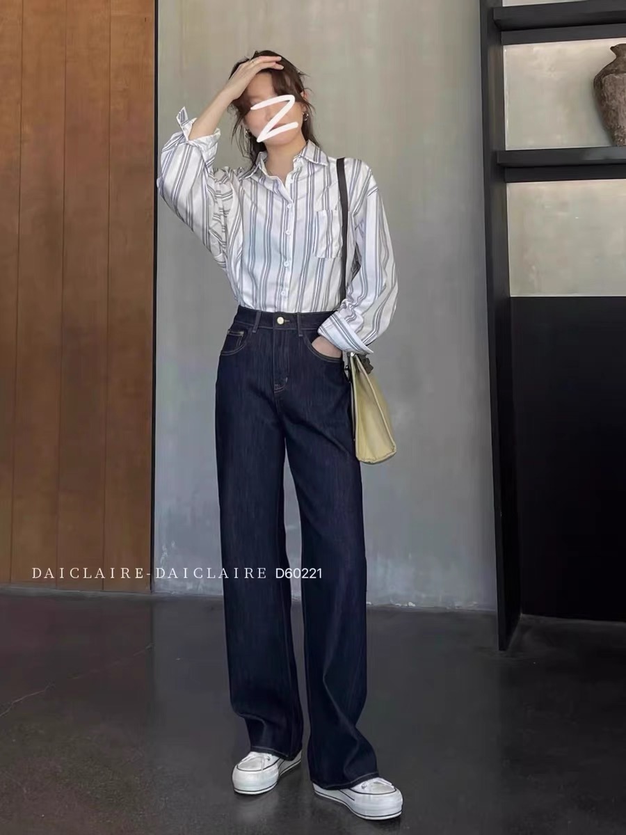 daiclaire代嘉兒60221牛仔褲女秋直筒褲高腰普洗藍闊腿褲