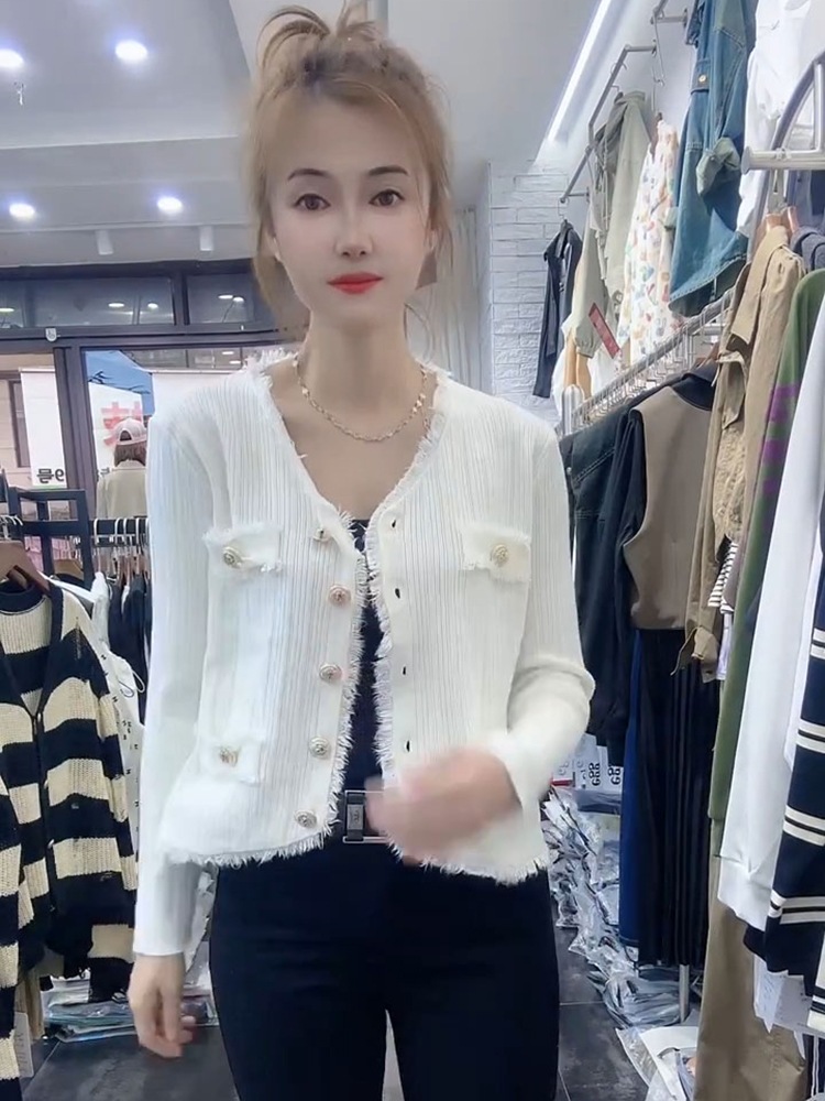 法式小香風V領長袖針織開衫上衣女秋冬洋氣流蘇毛邊短款毛衣外套