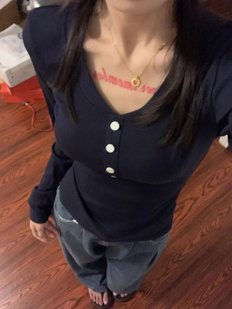 純棉V領長袖t恤女春秋薄款打底衫辣妹修身上衣 隨心裁