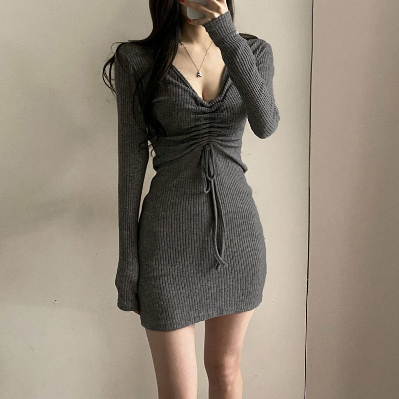 韓版秋女人味性感抽繩v領緊身連衣裙潮收腰包臀顯身材打底短裙ins