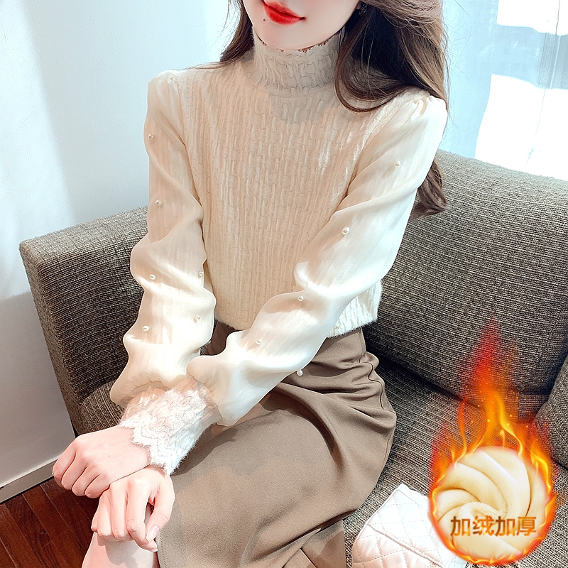半高領加絨加厚蕾絲打底衫女冬裝時髦時尚洋氣小衫釘珠長袖上衣潮