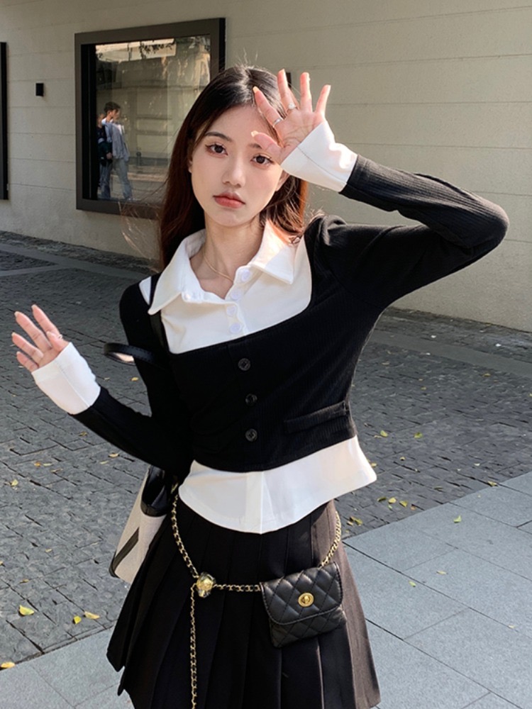 French sweet contrasting color fake two-piece long-sleeved shirt for women in spring and autumn design niche waist short age-reducing top