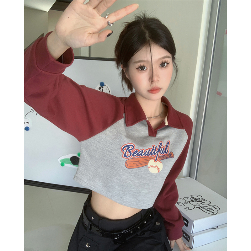 撞色polo領短款衛衣女春秋薄款設計感字母印花套頭長袖上衣ins潮