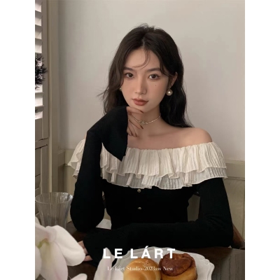天貓品質荷葉邊喇叭袖針織衫秋韓版修身顯瘦甜美短款法式上衣