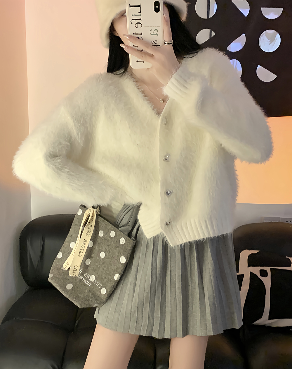 實拍 慵懶風百搭長袖羽毛紗毛衣秋冬女V領水貂絨短款毛外套女
