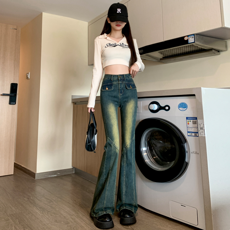 實拍2023秋季時尚美式高腰修身顯瘦百搭微喇彈力牛仔褲女