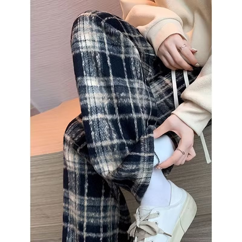 紅色格子闊腿褲女秋冬2023新款高腰寬鬆毛呢休閒直筒窄版拖地褲子