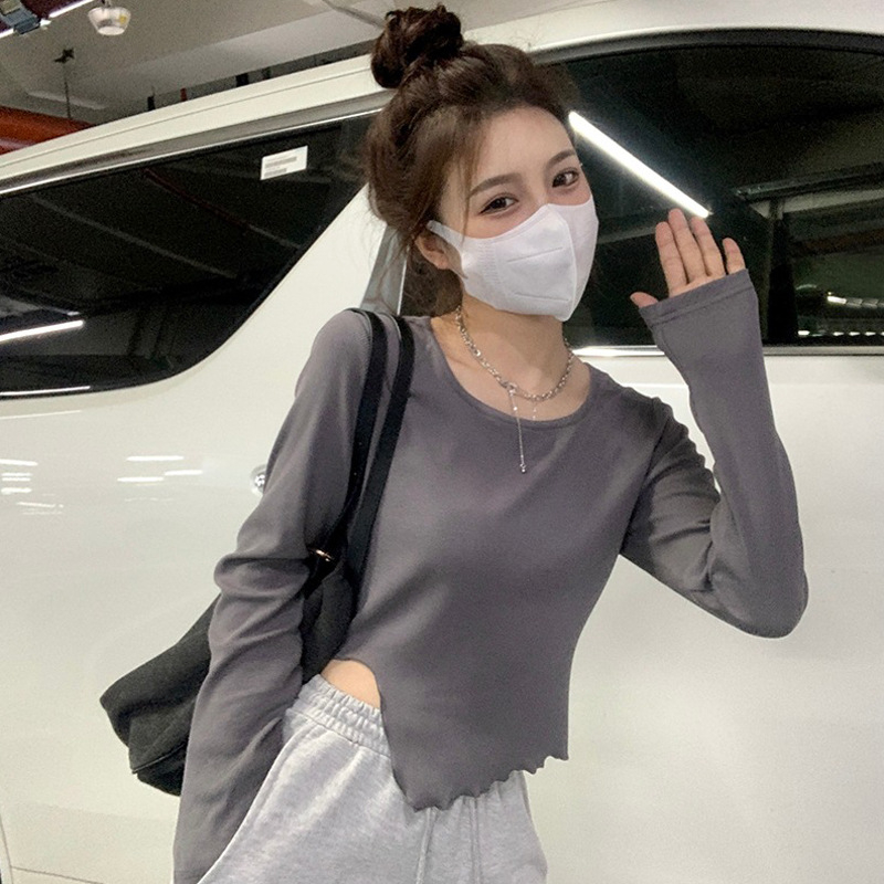 Bottoming shirt women's autumn and winter trendy ins top hot girl slim irregular girl round neck T-shirt long sleeves