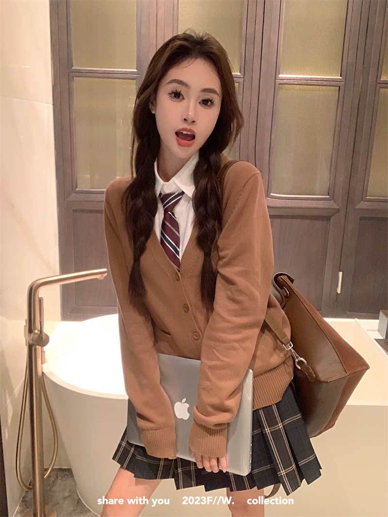 實拍 優等生學院制服針織開衫+百搭襯衫+格子半身裙套裝