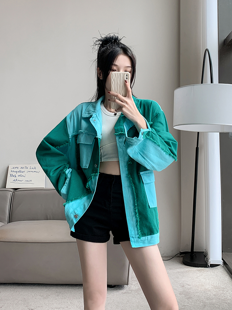 實拍~寬鬆拼色牛仔外套女新款秋季時尚洋氣減齡設計感上衣潮