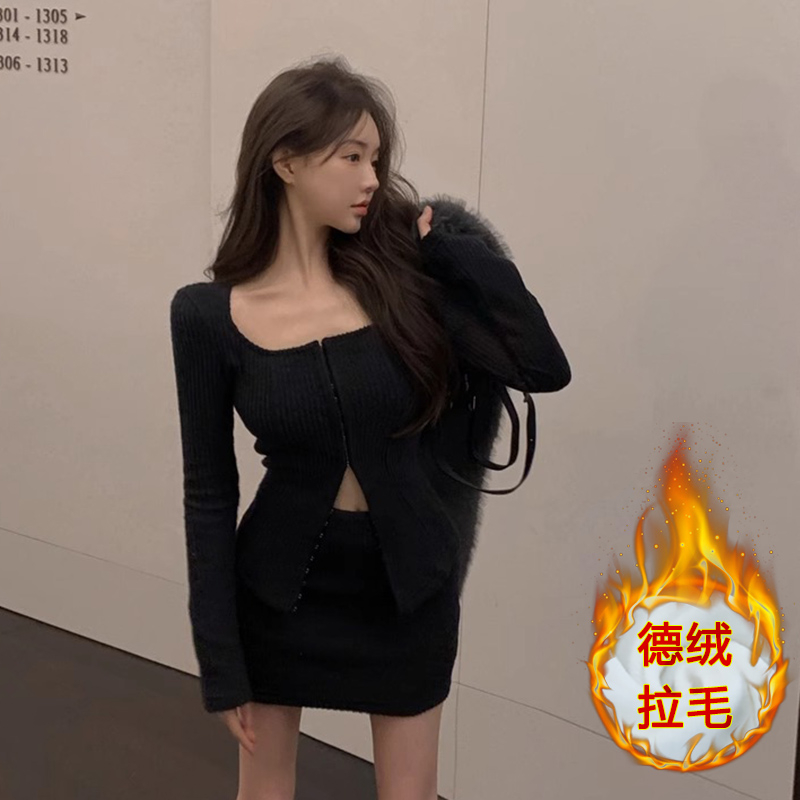 上衣+短袖套裝甜辣妹方領長袖針織開衫女秋冬新款打底衫