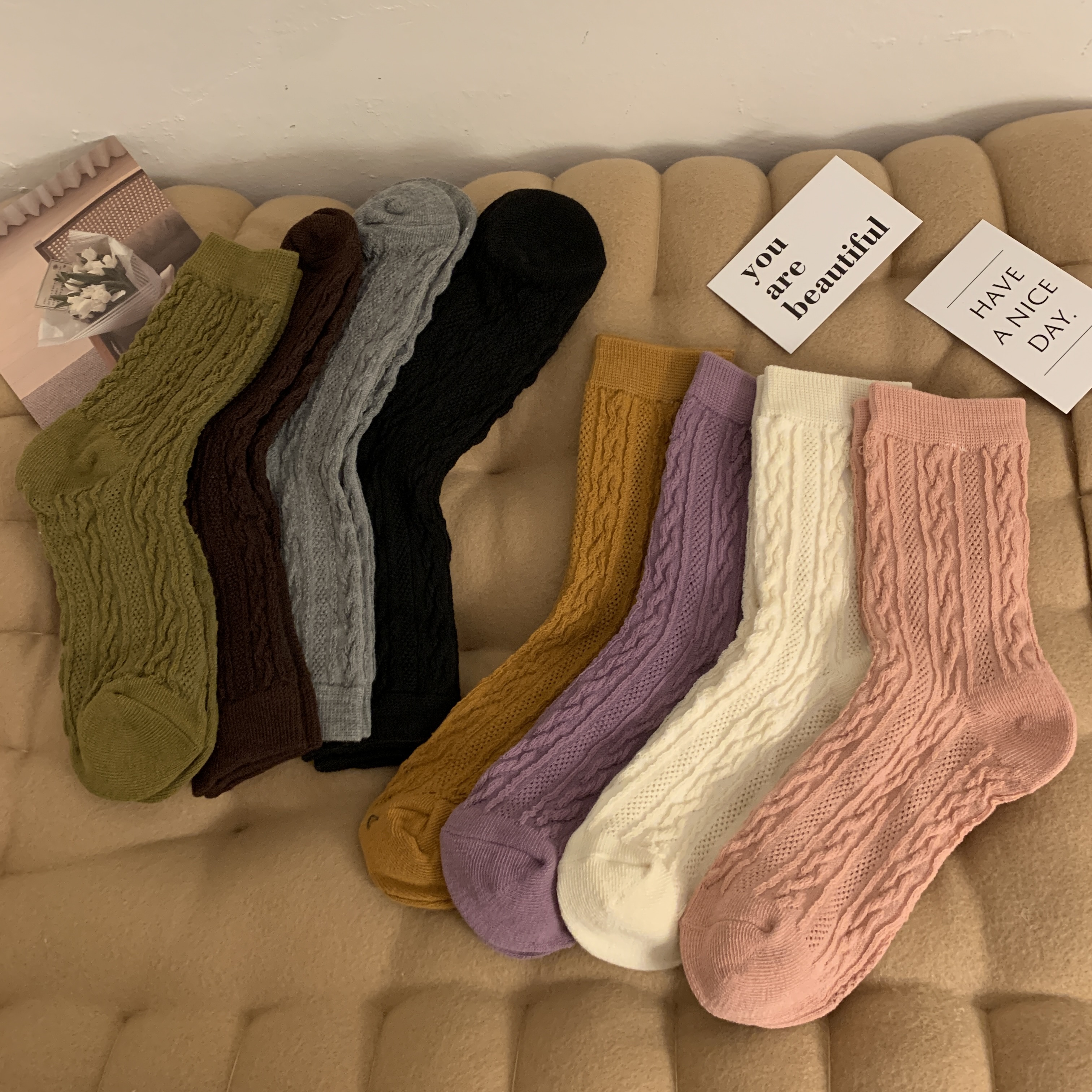 實拍 日系復古麻花襪子秋冬加厚保暖中筒襪純棉堆堆襪女4雙裝