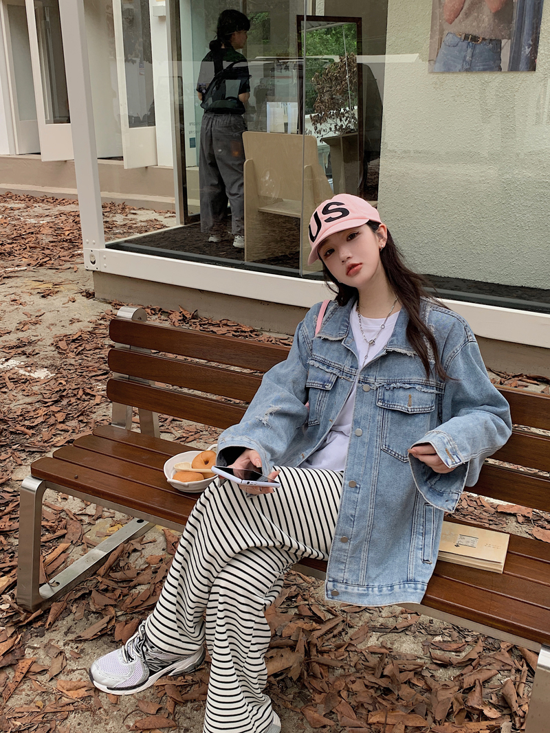 實拍~復古高級感開衫牛仔外套女秋季美式小眾休閒破洞上衣
