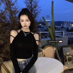 Short-sleeved off-shoulder top with design sense, niche slim-fit T-shirt for autumn, slimming long-sleeved base shirt for women