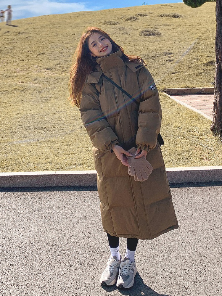 卡其色羽絨服棉服女冬季中長款過膝韓版寬鬆學院風加厚bf休閒棉衣