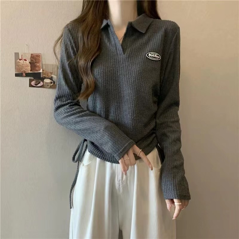 Drawstring polo collar long-sleeved t-shirt for women autumn design high street casual versatile top for women